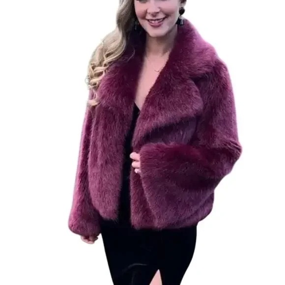 Unreal Fur Burgundy Faux Fur Jacket LARGE Formal Glam Teddy Coat Designer $339